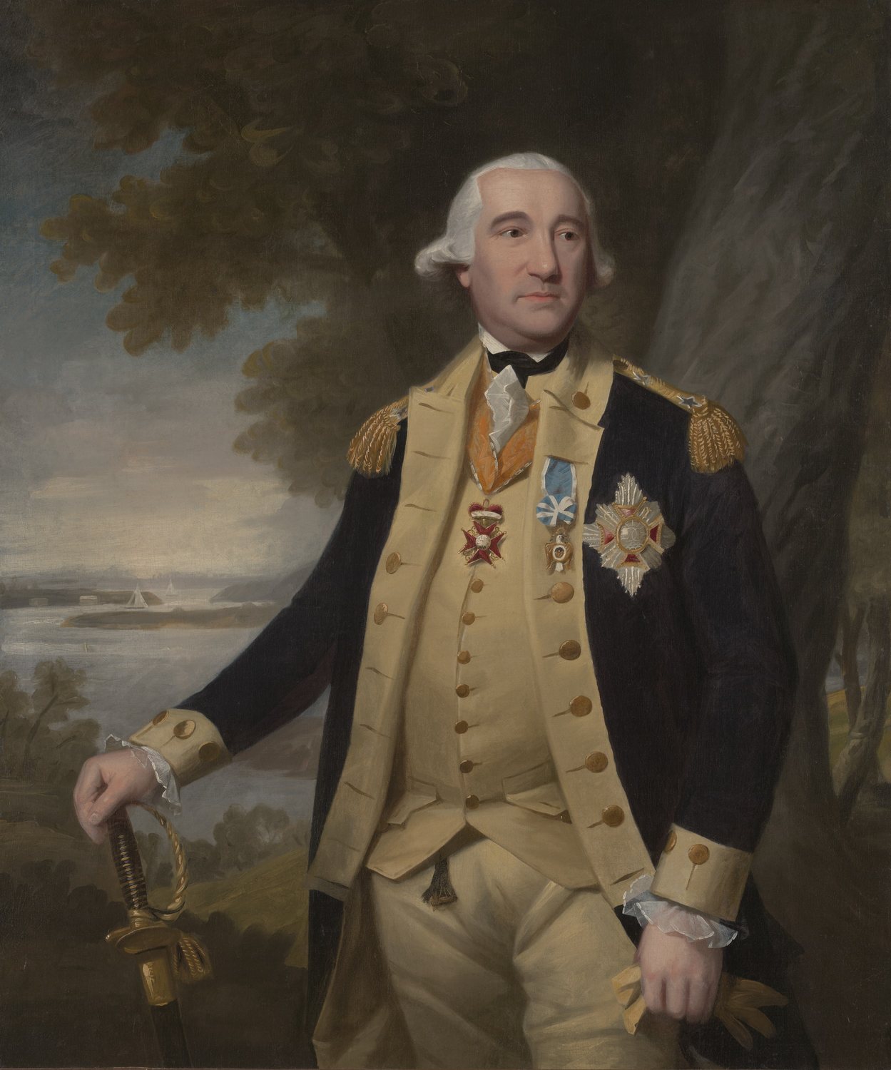 Oil portrait of a heavy set older officer in a dark blue Continental uniform with gold epaulettes and a star shaped order