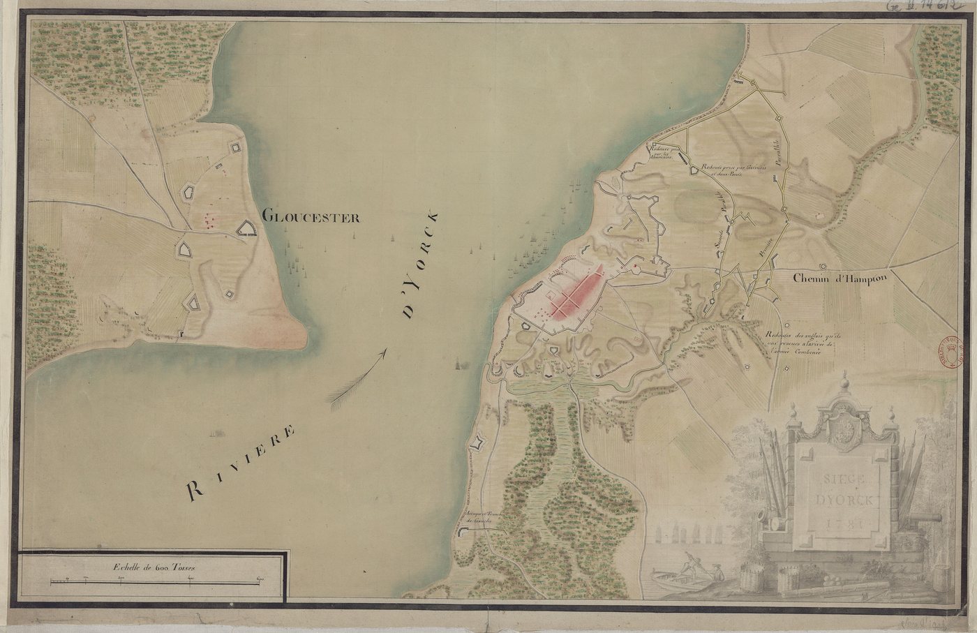 Coloured 1781 manuscript map of Yorktown with the York River, British fortifications and allied trenches