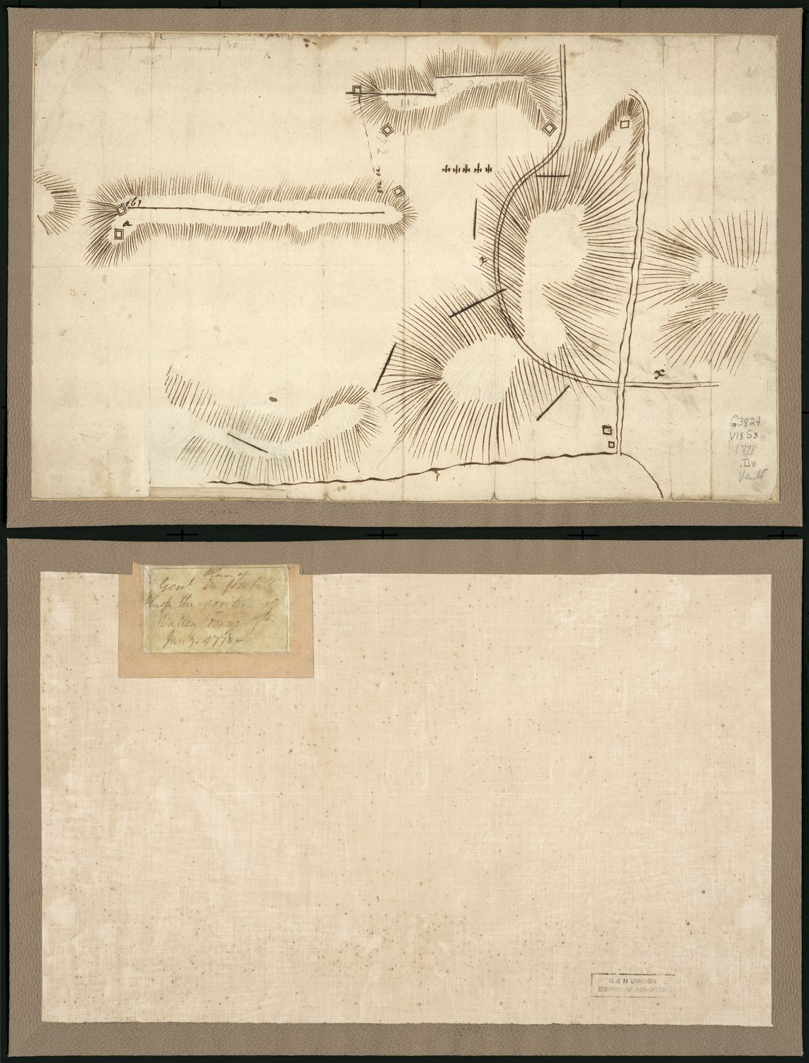 Hand drawn 1778 plan of the Valley Forge encampment with hachured hills, a river and lines of fortifications