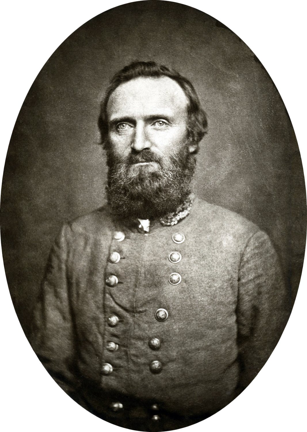 Czarno-biała fotografia portretowa brodatego Stonewalla Jacksona w mundurze Konfederacji