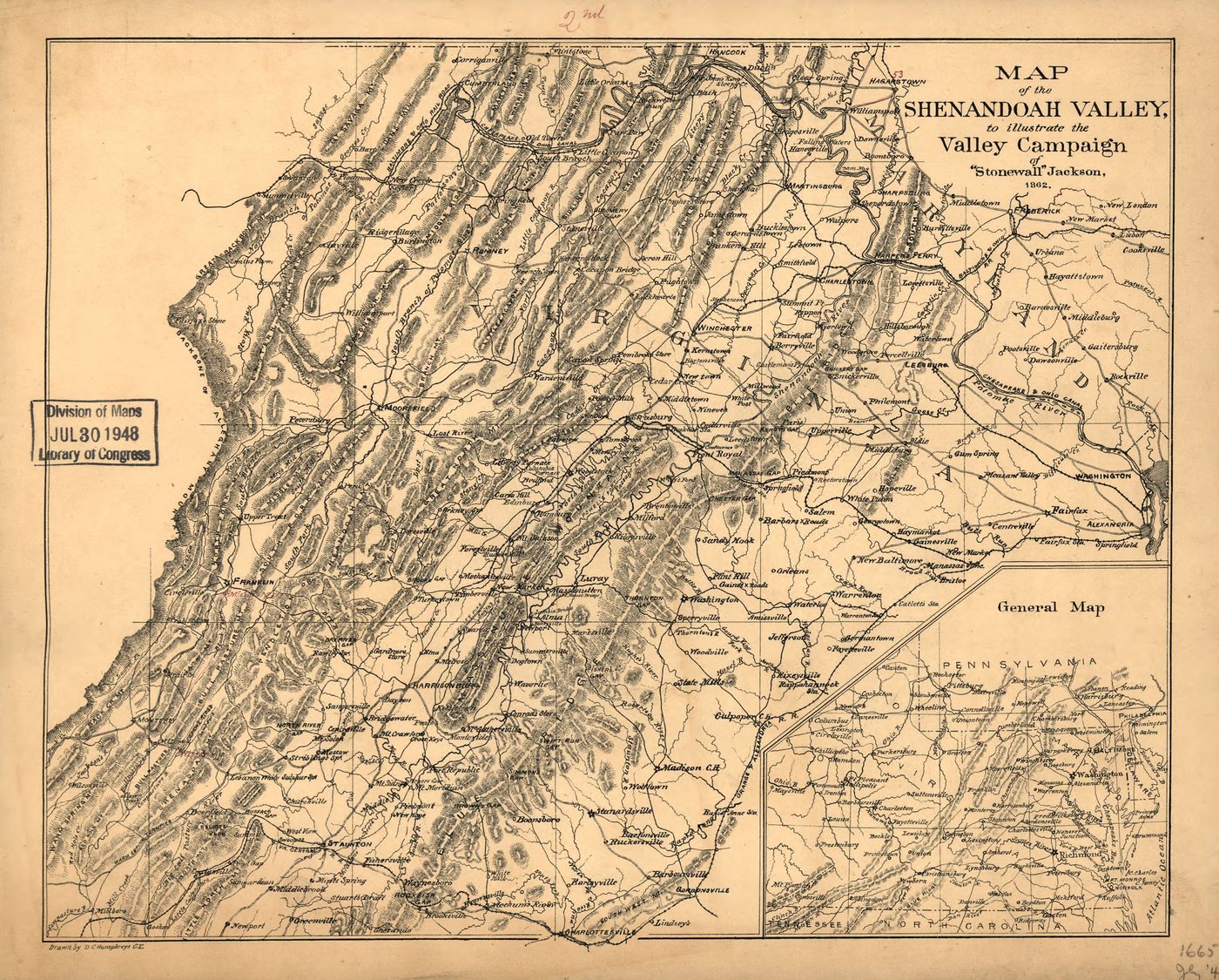 XIX-wieczna mapa Doliny Shenandoah z pasmami górskimi oznaczonymi kreskowaniem