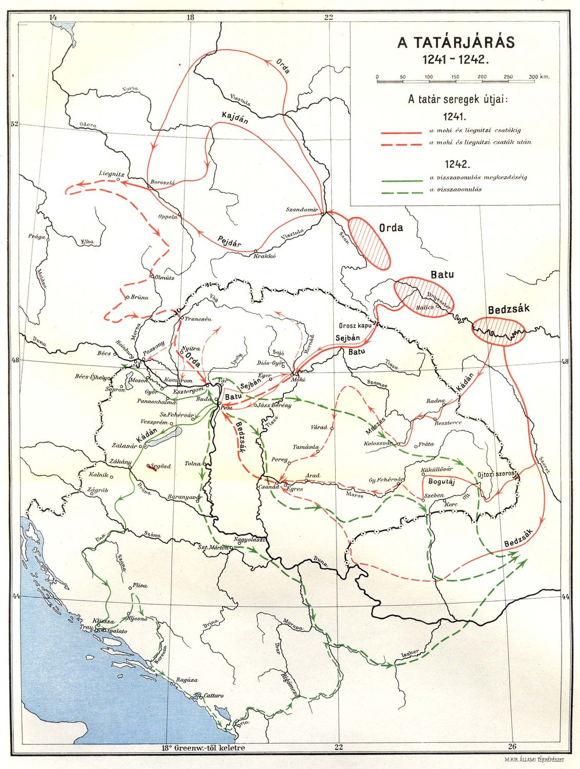 Hungarian historical map of the Carpathian Basin with red lines tracing the Mongol columns