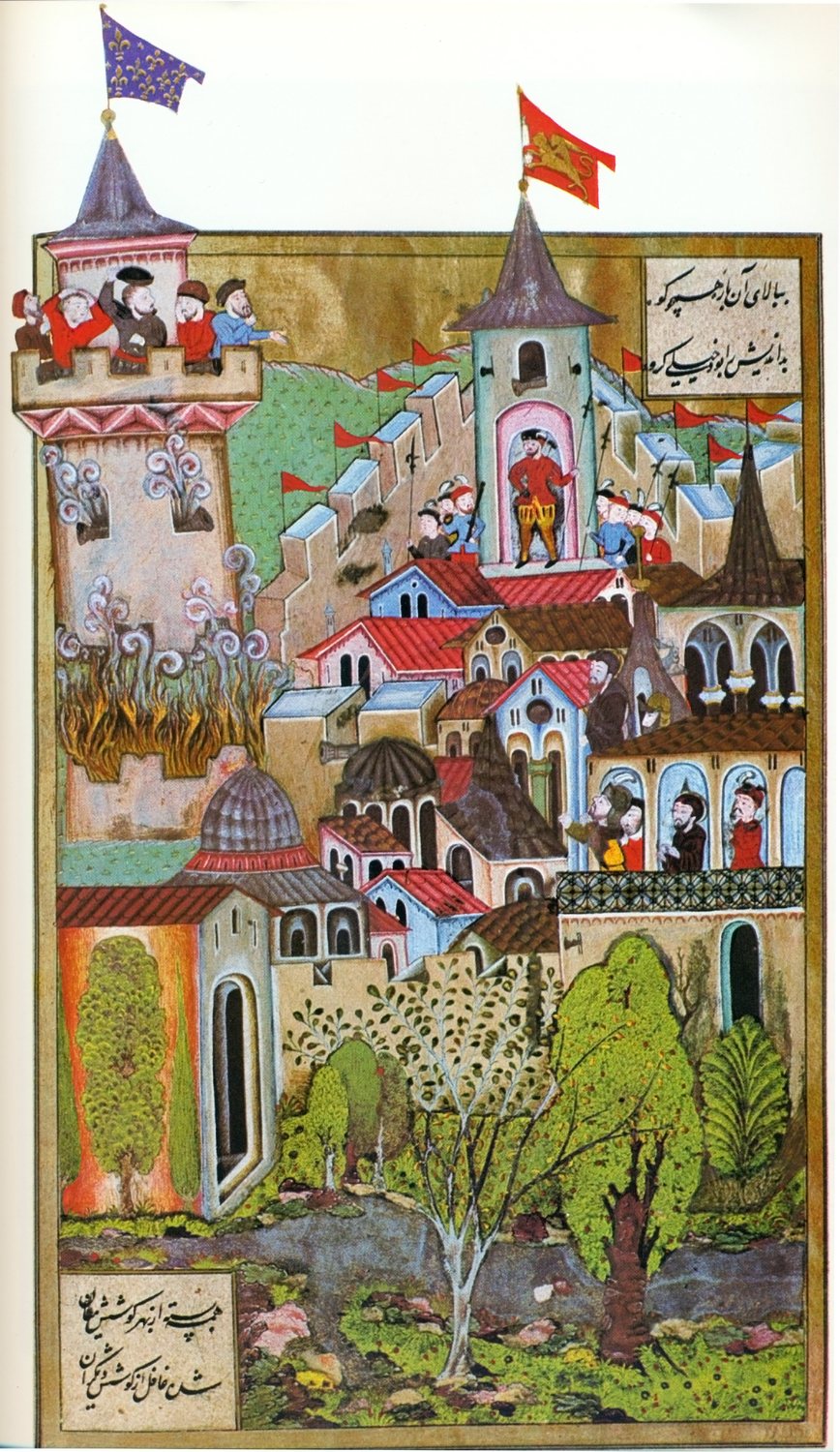 Ottoman miniature of a walled fortress with towers, flags and soldiers on its ramparts