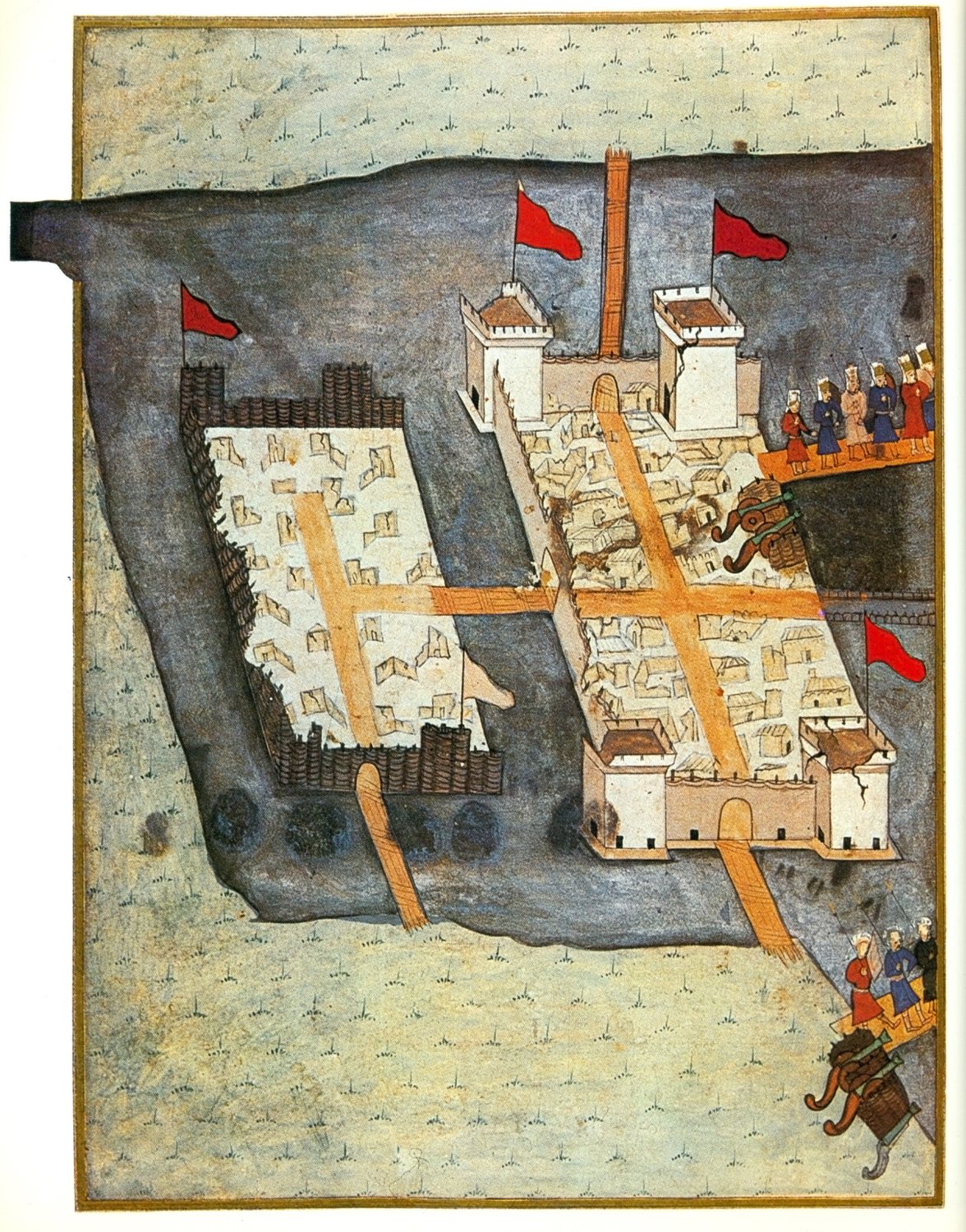 Ottoman miniature showing the fortress of Szigetvár from above, surrounded by water and attacking troops