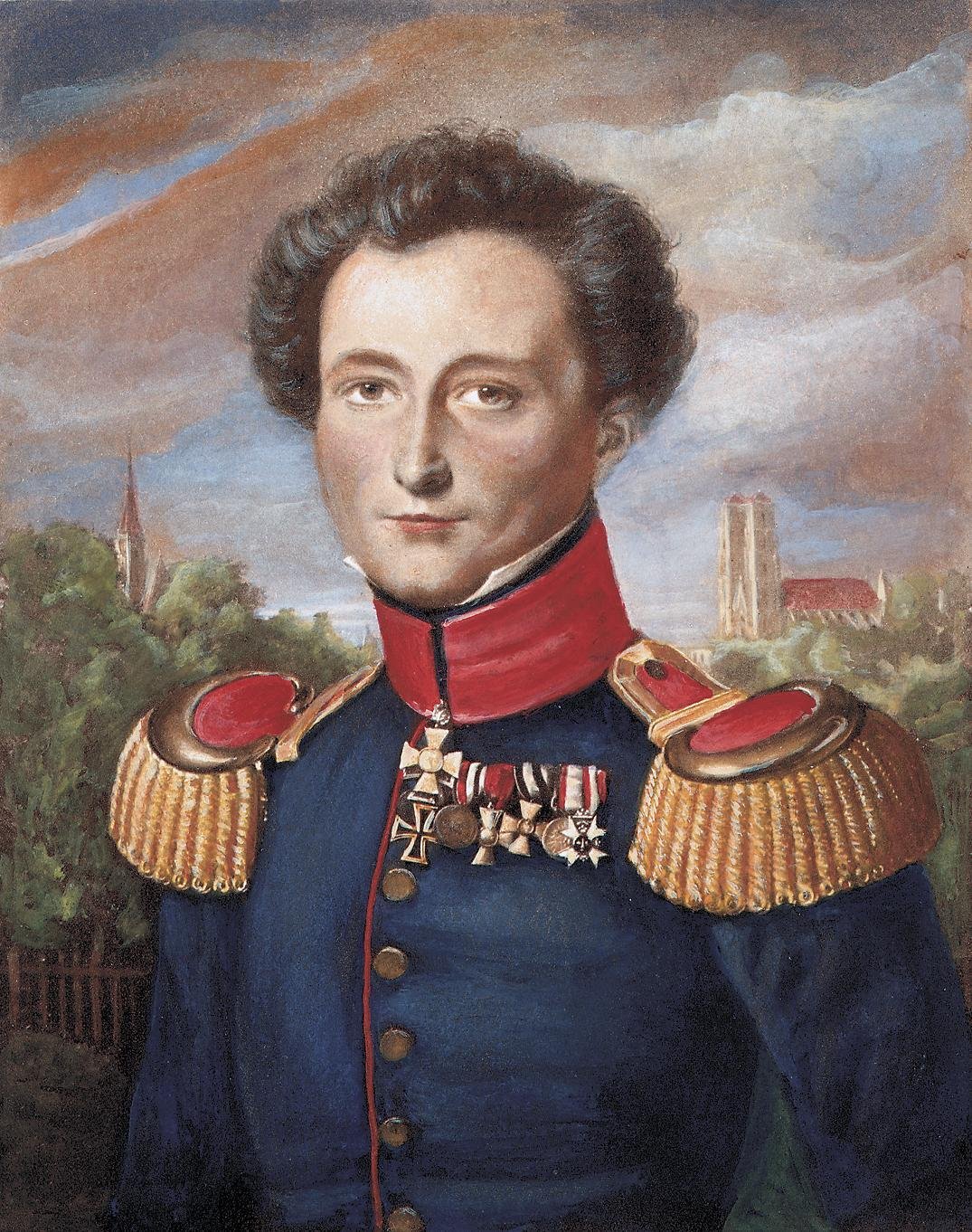 Oil portrait of Carl von Clausewitz in a dark Prussian uniform with a high collar and decorations