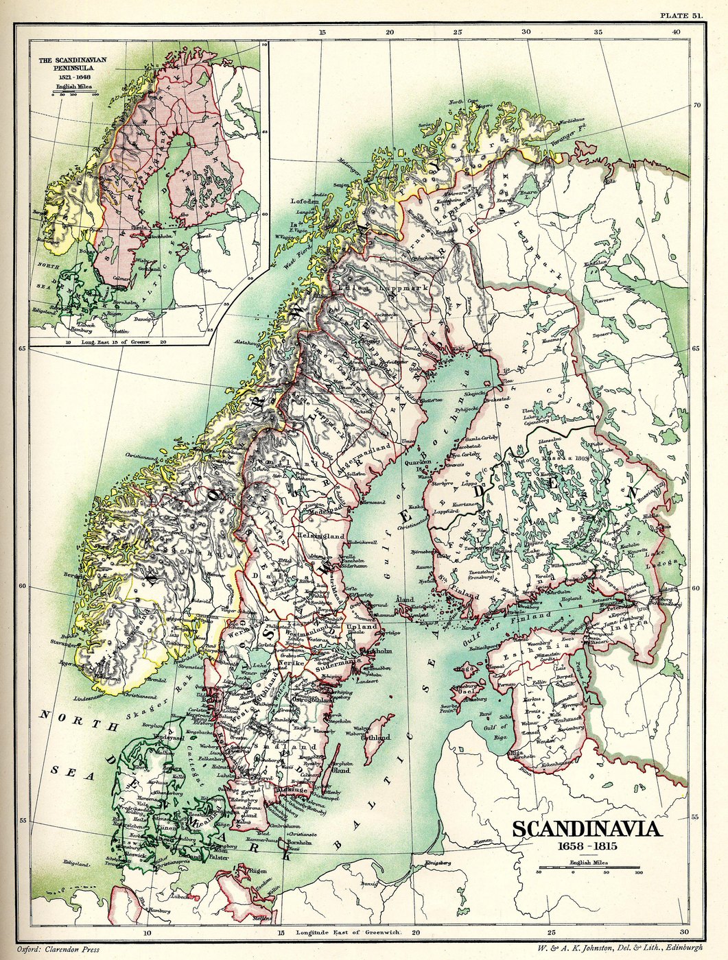 Barwna mapa historyczna Skandynawii i Bałtyku: Szwecja i Finlandia obwiedzione na czerwono pośrodku, Norwegia zacieniowana na żółto na zachodzie, Dania na zielono na południu, Estonia i Inflanty po drugiej stronie zatoki, a w lewym górnym rogu wstawka z Półwyspem Skandynawskim w latach 1521 do 1648.