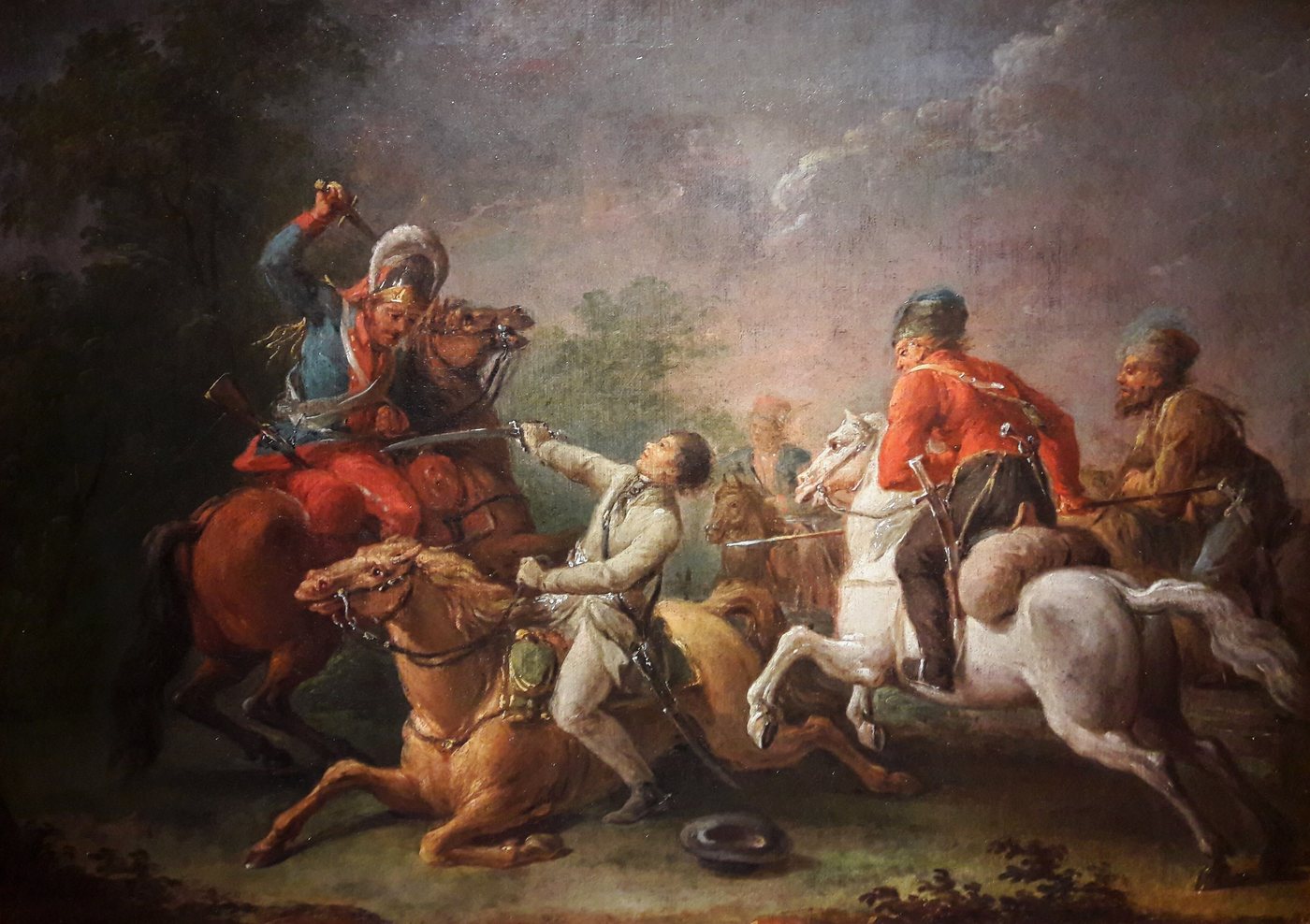 Painting of Kosciuszko falling from his horse as Russian horsemen attack him