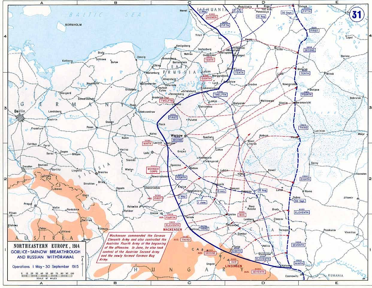 Mapa frontu wschodniego w 1915 roku z przełamaniem gorlickim i kolejnymi liniami rosyjskimi
