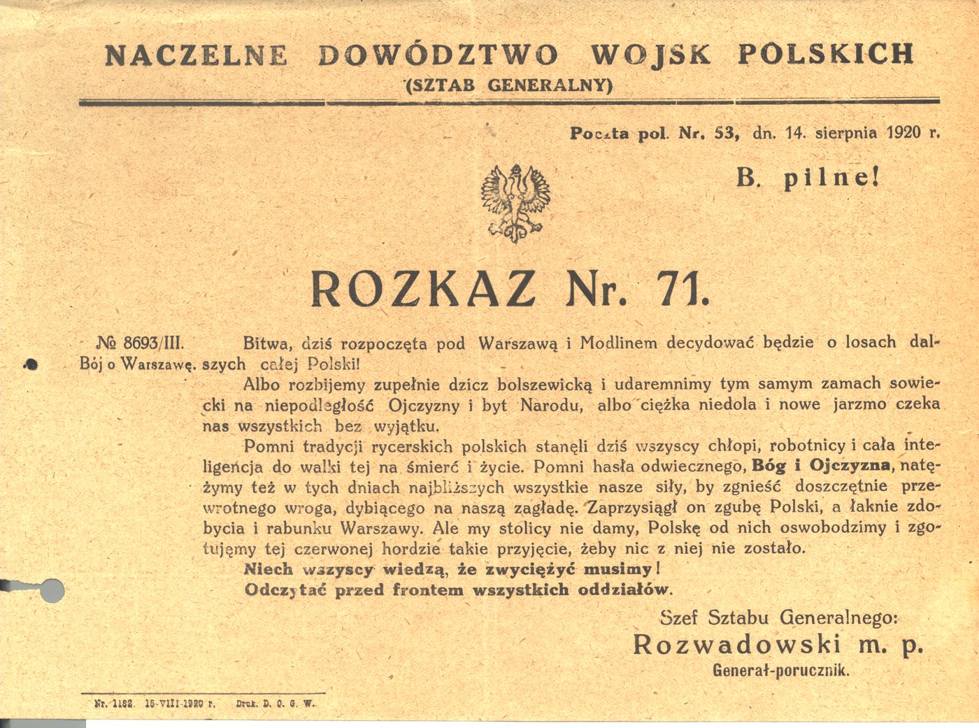 Drukowany rozkaz Naczelnego Dowództwa Wojsk Polskich z nagłówkiem Rozkaz Nr. 71, podpisany przez Rozwadowskiego