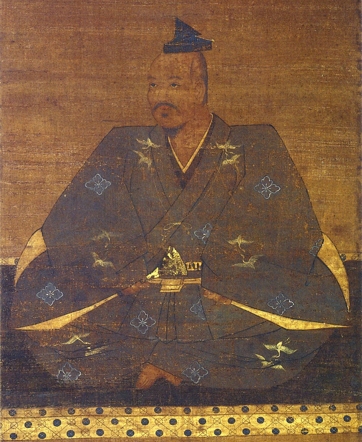Malowany portret siedzącego japońskiego pana w ciemnych szatach, z mieczem