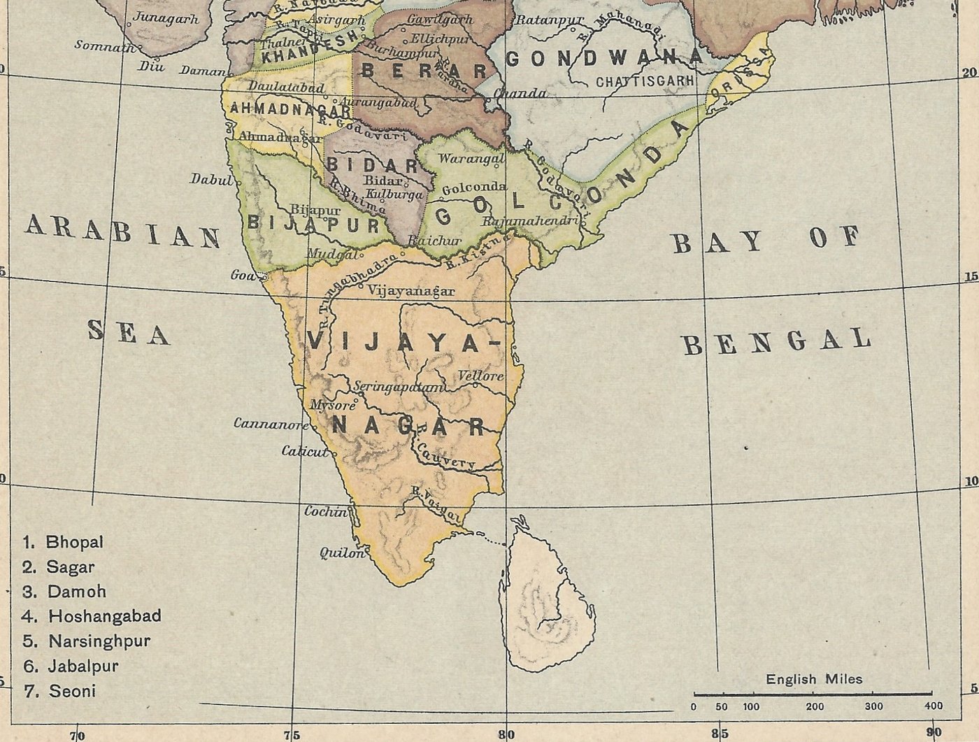 Coloured historical map of southern India showing Vijayanagar south of the rivers Tungabhadra and Kistna and the states of Bijapur, Ahmadnagar, Bidar, Golconda and Berar to the north