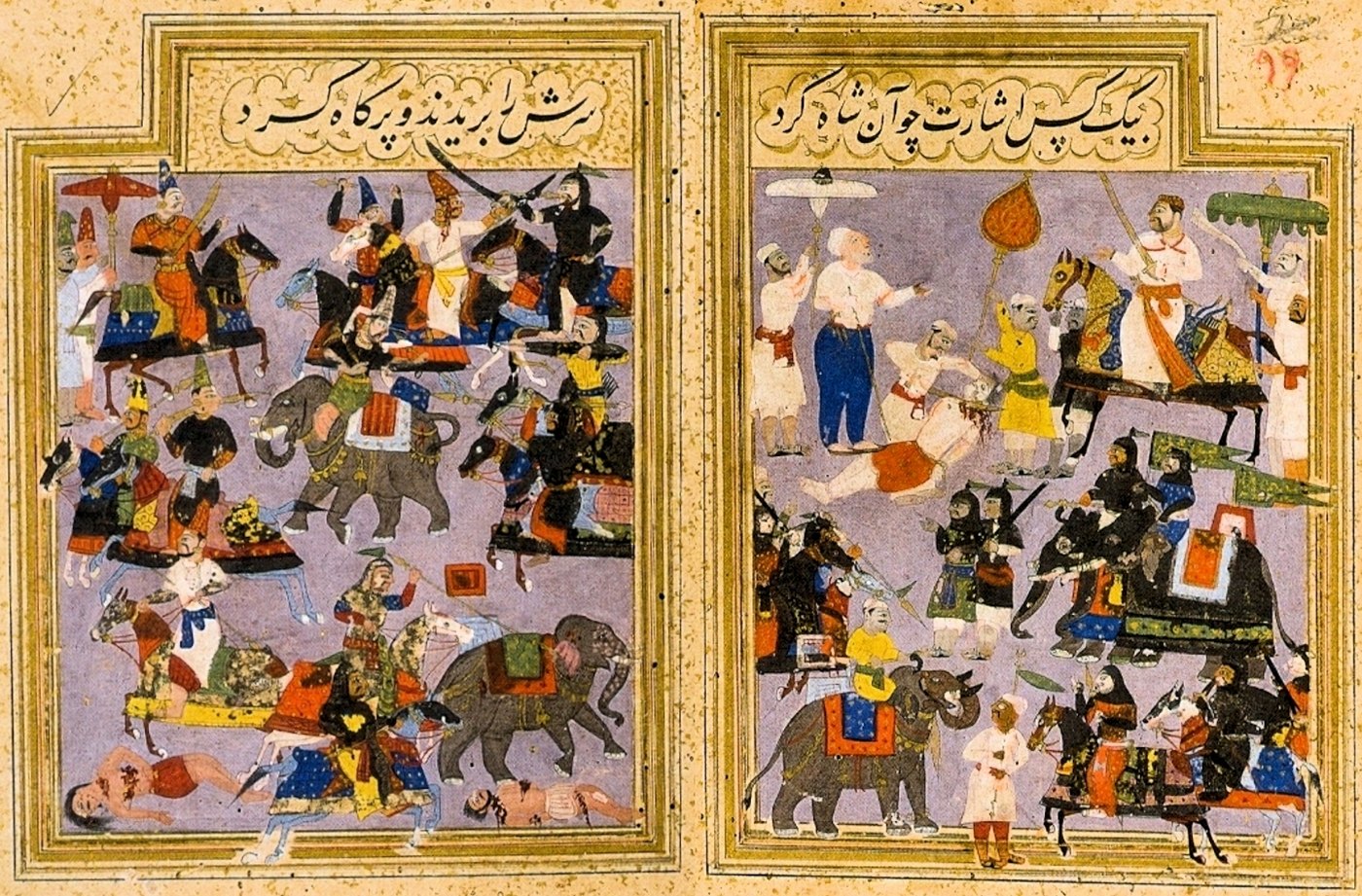 Two facing manuscript paintings: on the left horsemen and elephants clash on a lilac ground; on the right a mounted ruler under a parasol watches a kneeling prisoner being beheaded