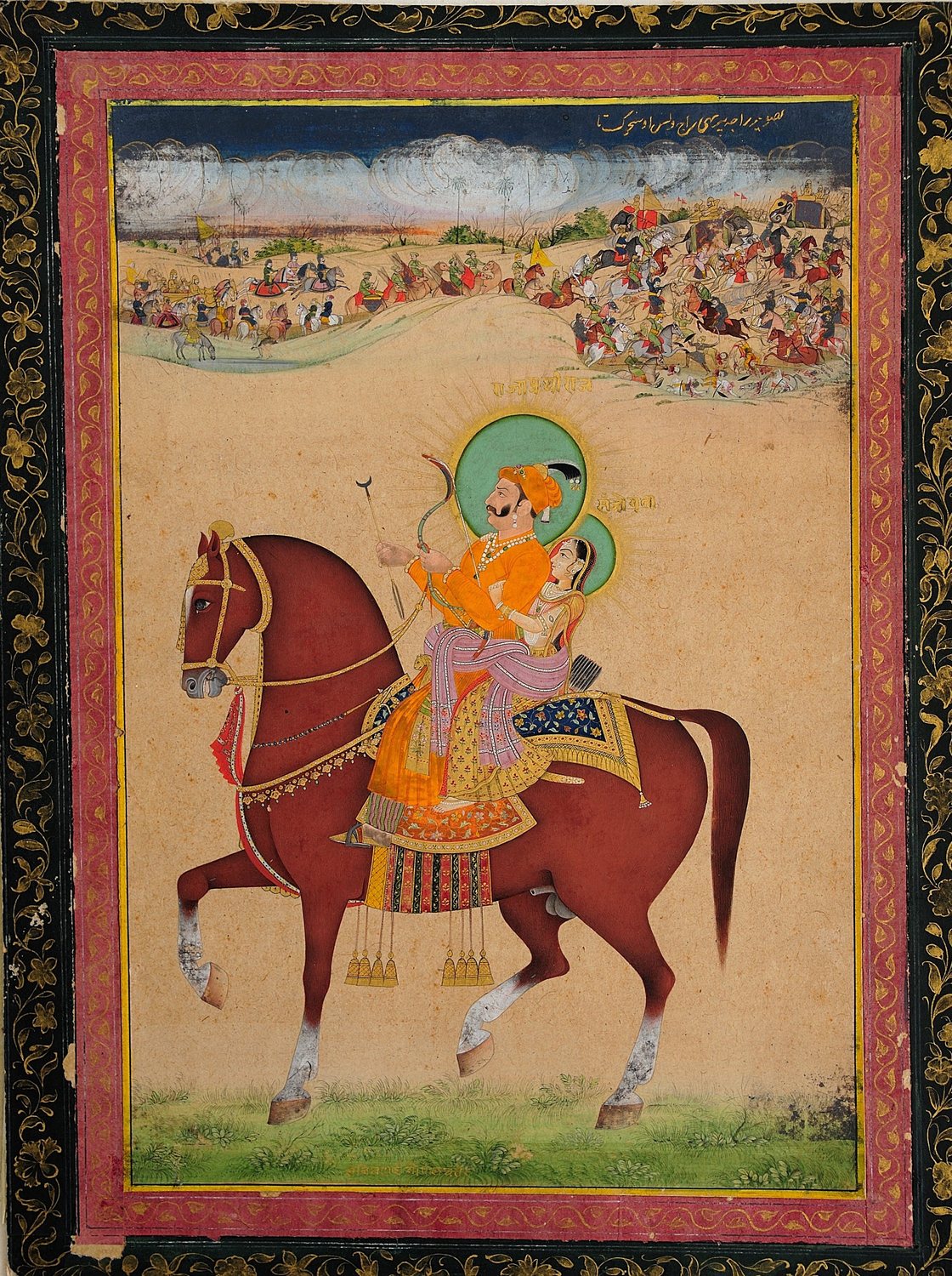 Indian miniature painting of a king and a woman riding a red horse, with a battle scene above