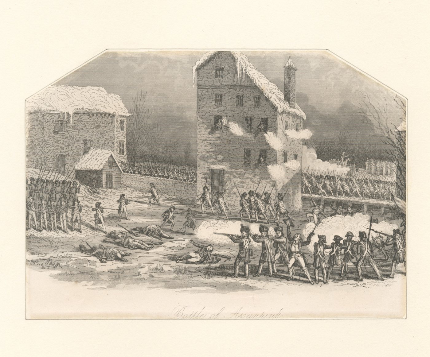 Engraving of soldiers firing across a snowy street by a stone mill while troops crowd a bridge