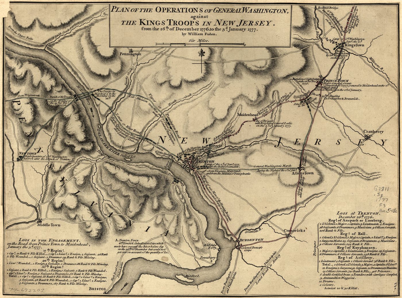 Hand coloured 1777 map of the Delaware River, Trenton and Princeton with troop routes and loss tables