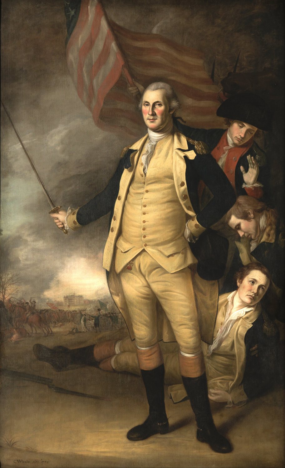 Full length portrait of Washington with a sword before a flag, wounded officers at his side and a battle in the background