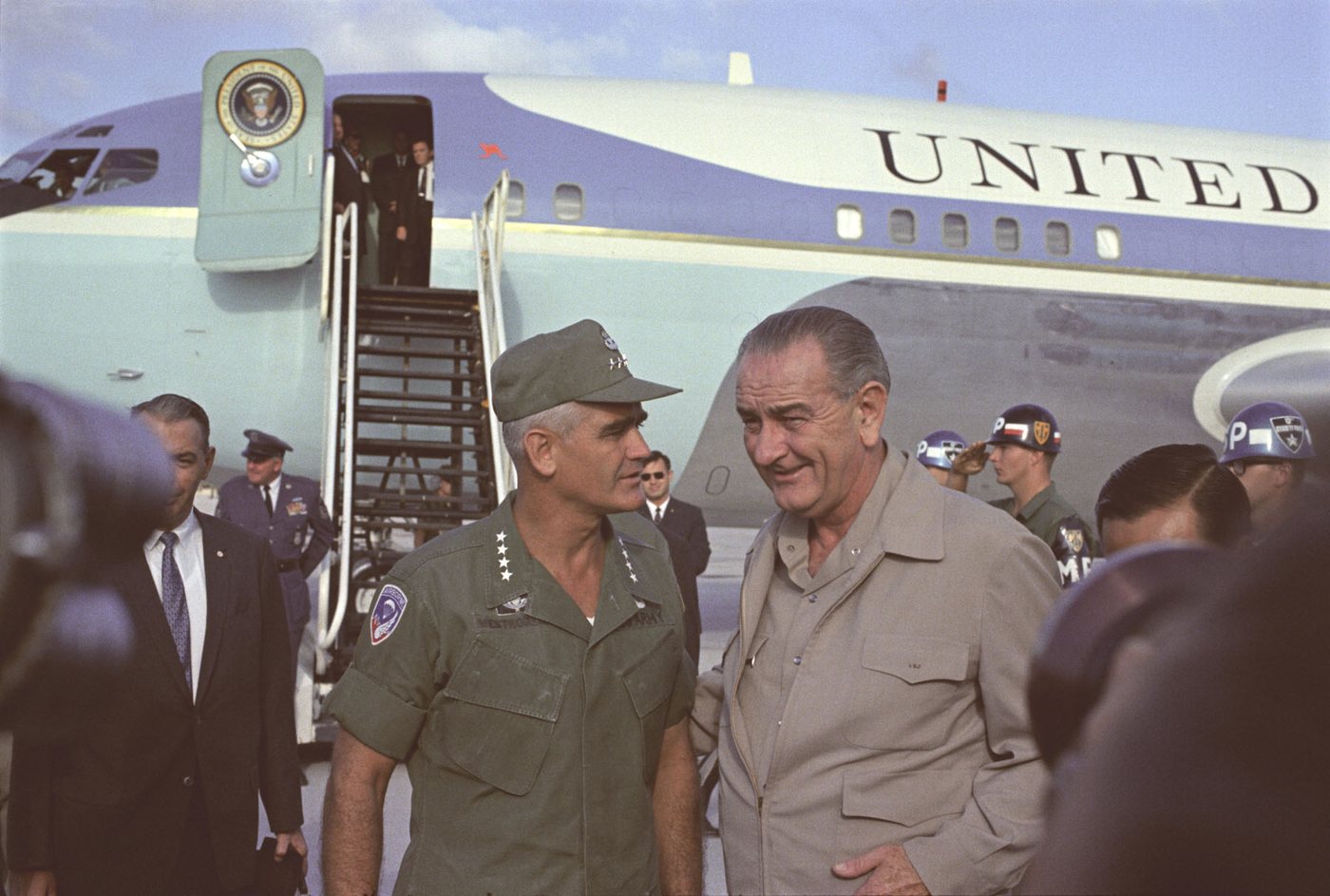 President Johnson and General Westmoreland standing in front of Air Force One