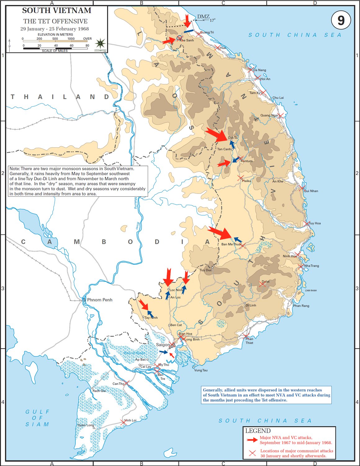 Map of South Vietnam with red arrows marking the main Tet Offensive attacks