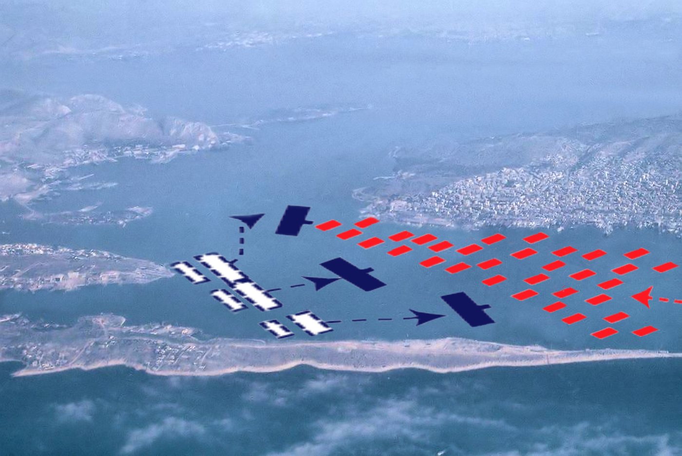 Aerial view of the Salamis strait with coloured ship symbols for the Greek and Persian fleets