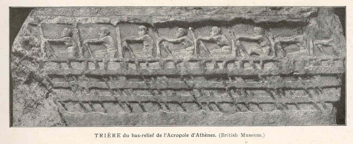Stone relief fragment showing a row of oarsmen in a Greek warship