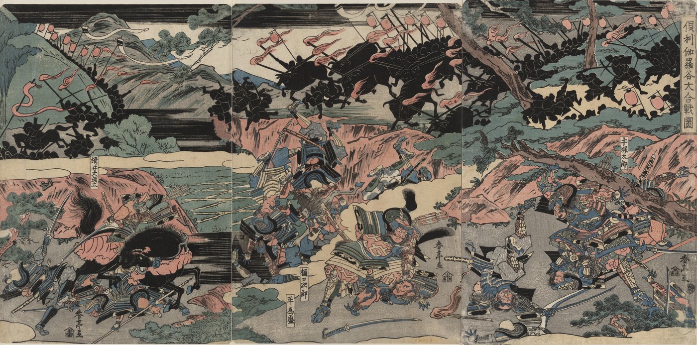 Woodblock triptych of armored warriors fighting on a slope while dark masses of riders and animals carrying flaming torches pour down from the hills behind them