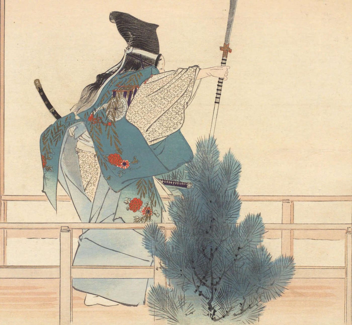 Japanese print of a noh actor seen from behind in a tall black headdress and blue robes, holding a long halberd upright on a stage between pine trees