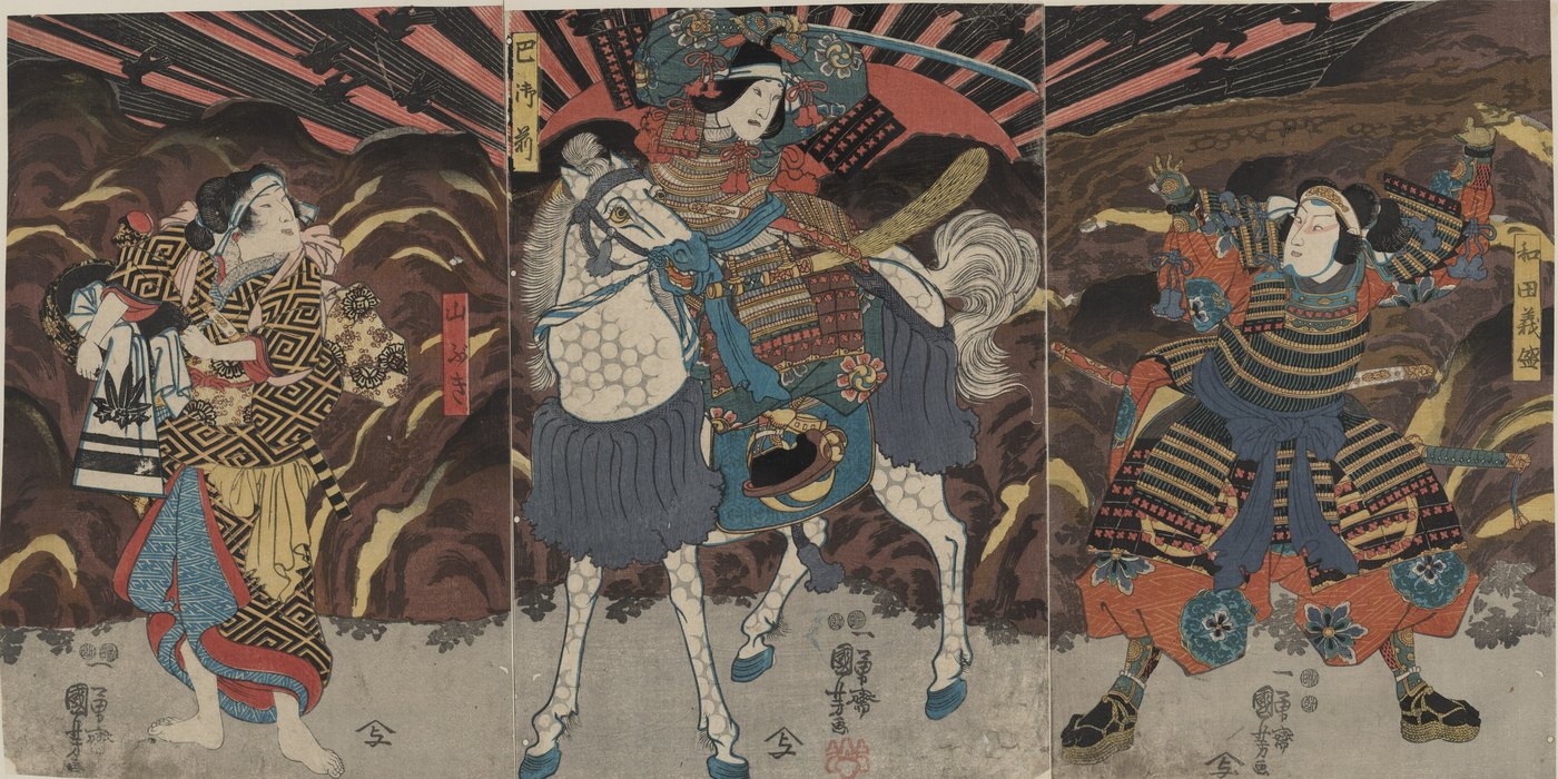 Woodblock triptych of a woman in armor on a white horse holding a sword, an armored samurai standing on the right and a woman carrying a child on her back on the left