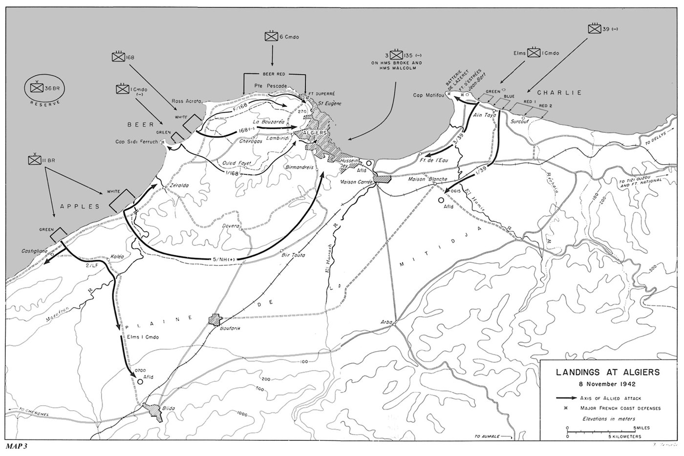 Black and white relief map of the coast around Algiers with landing beaches named Apples, Beer and Charlie, arrows of Allied units moving inland to airfields and the city, and the harbor assault marked on HMS Broke and HMS Malcolm