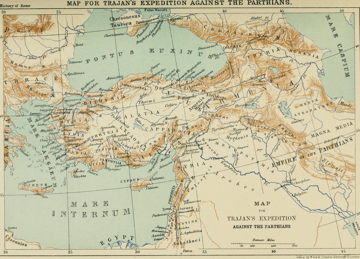 Barwna XIX wieczna mapa Azji Mniejszej, Armenii, Syrii i Mezopotamii z imperium Partów