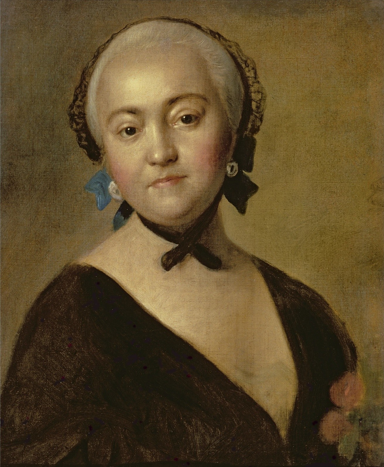 Unfinished portrait of a full-faced woman with powdered hair under a black lace mantilla tied with a black ribbon at the throat, a pale blue bow at her ear and a dark wrap over her shoulders.
