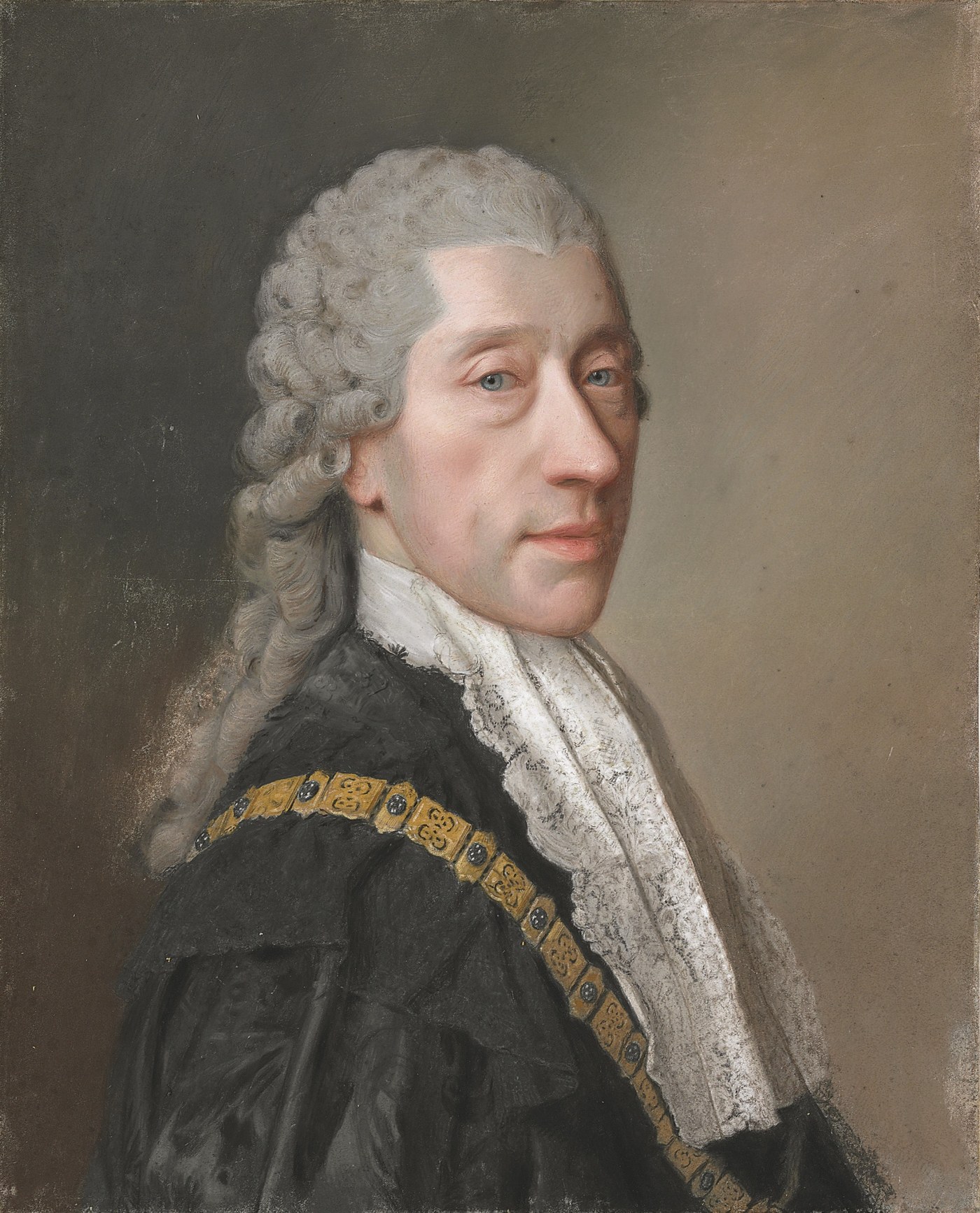 Pastel portrait of a man with a long nose and pale blue eyes, in a grey powdered wig, a white lace cravat and a dark robe with the gold collar of the Order of the Golden Fleece.