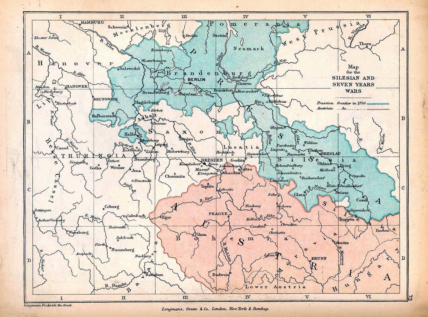 Late nineteenth-century map of Central Europe with Prussian territory shaded blue across Brandenburg, Pomerania and Silesia, Austrian Bohemia and Moravia shaded pink, and Saxony, Lusatia and Hanover left white, with battle sites such as Kunersdorf, Leuthen, Hochkirch, Lobositz and Kolin marked.