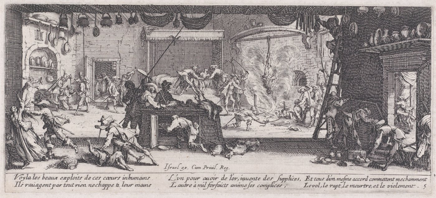 Etching: soldiers ransack a large farmhouse kitchen, hang a man by his feet over a fire, attack the household and carry off food, animals and goods.