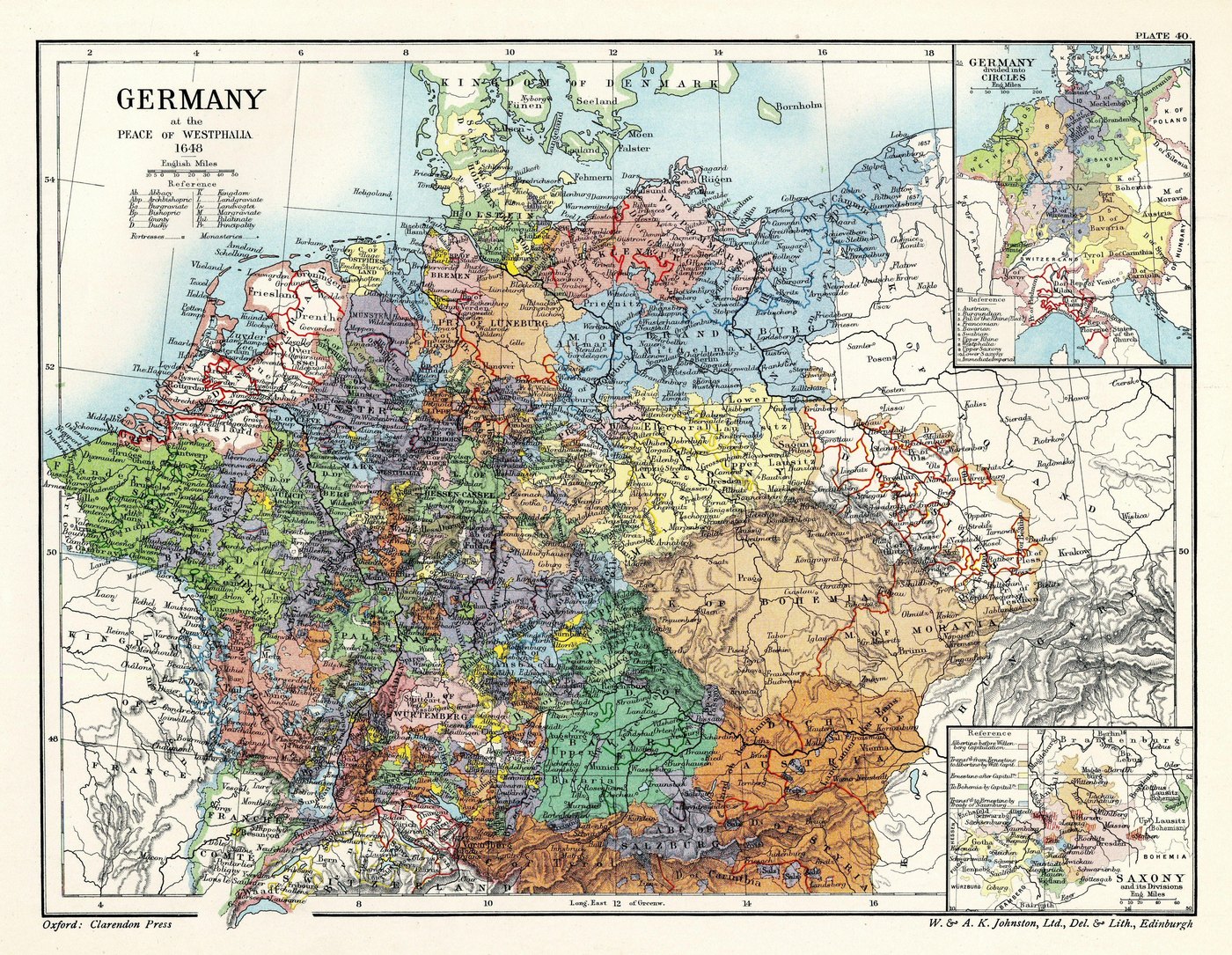 Colored map of the Holy Roman Empire in 1648, from the North Sea and the Baltic to the Alps, with Bohemia, Bavaria, Brandenburg, Saxony and hundreds of smaller territories in different colors, and insets of the imperial circles and of Saxony.