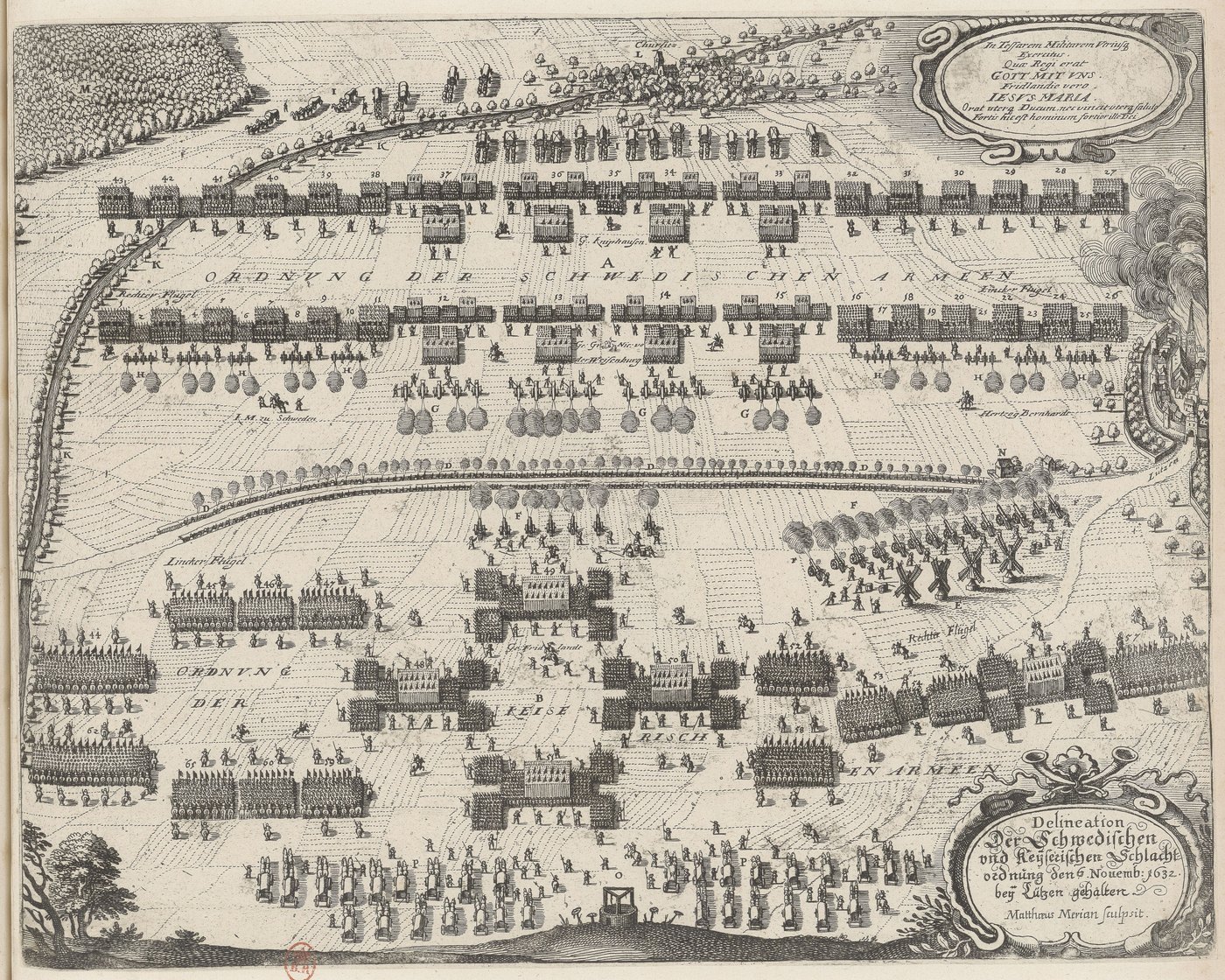 Copperplate battle plan: two armies drawn up in long lines of infantry blocks and cavalry squadrons face each other across a road lined with trees, with guns, windmills and the burning town of Lützen on the right.