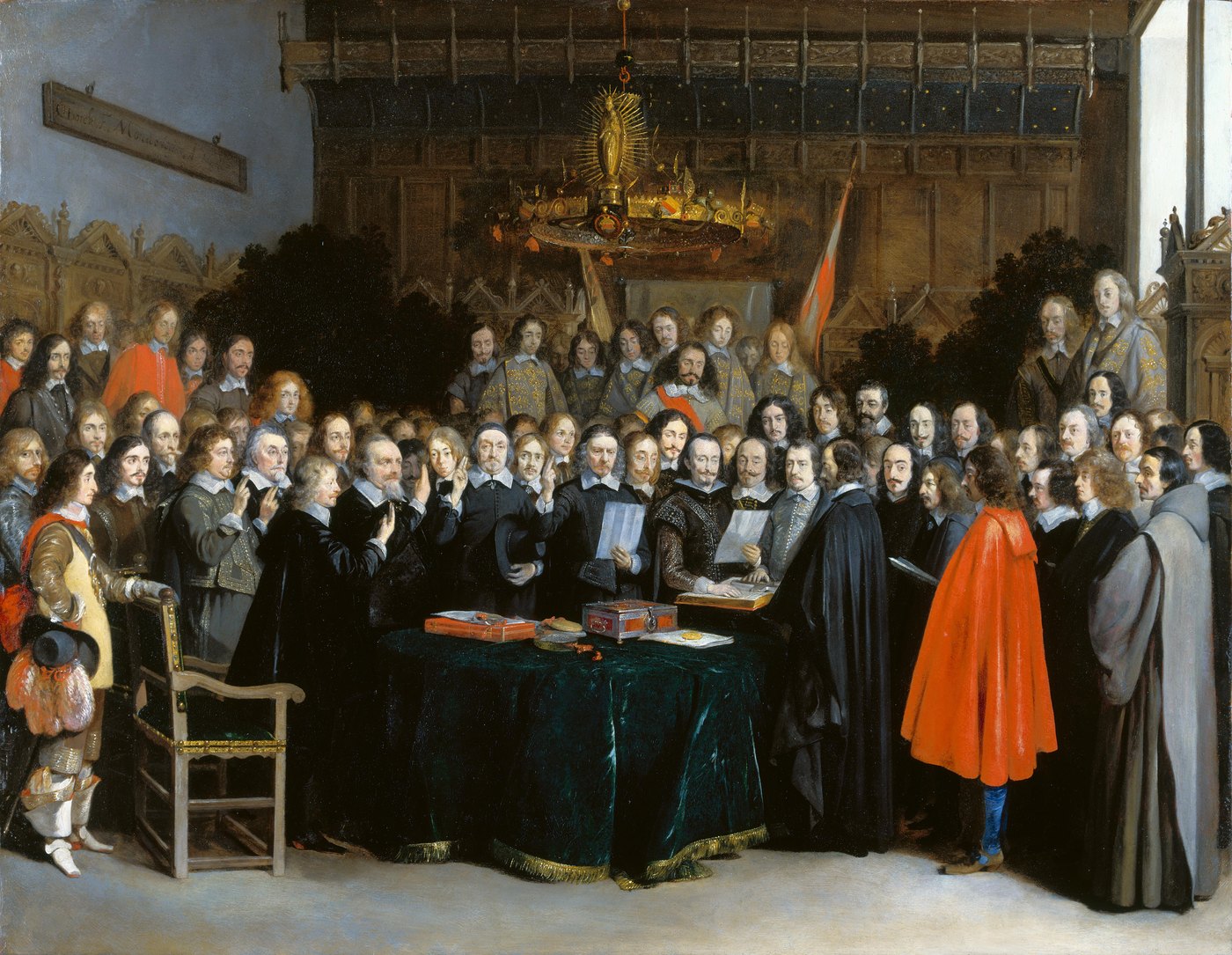Oil painting of a crowded hall: dozens of envoys in black with white collars stand around a table covered in green velvet, two of them reading documents while others raise their hands to swear an oath.