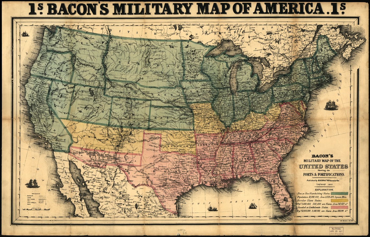 Colored 1862 map of the United States with free states shaded green, border slave states yellow and the seceded Confederate states pink, with forts marked by small flags.