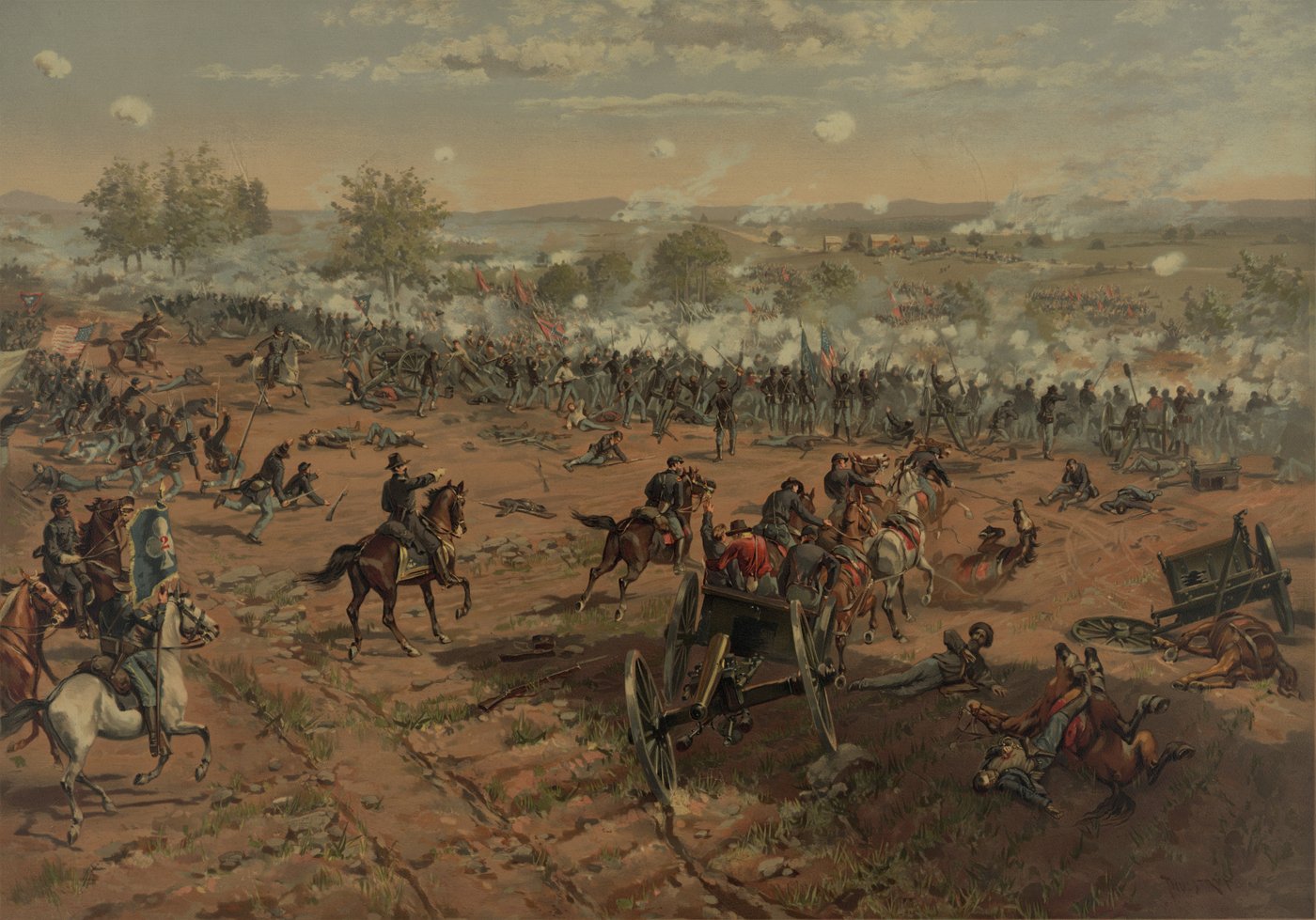 Color print of a battle on open ground: mounted officers and gun crews in the foreground, lines of infantry and flags in smoke behind them.