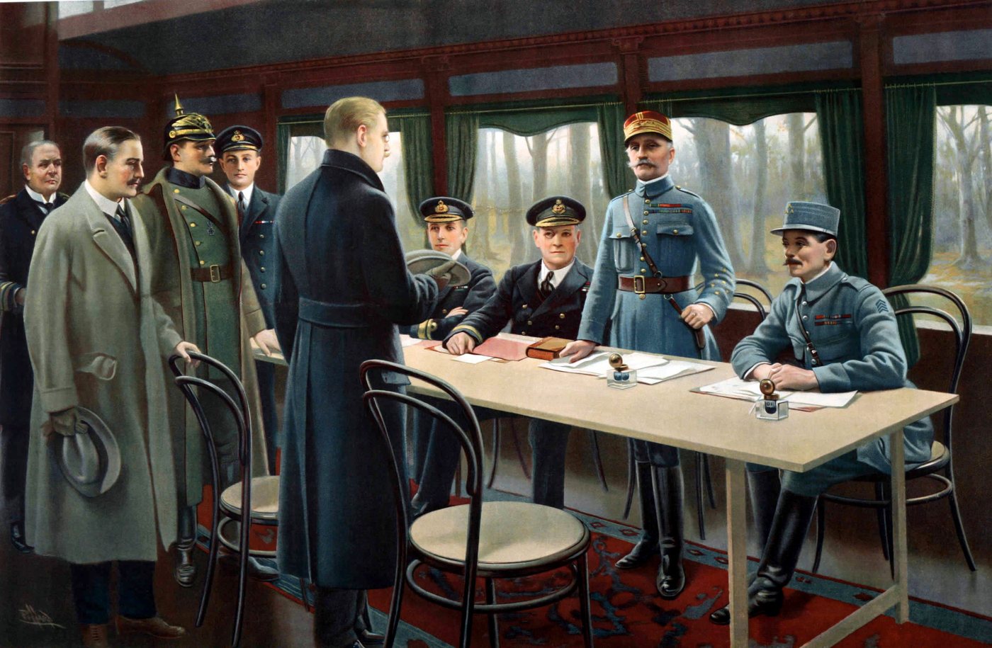 Illustration of uniformed delegates standing around a table inside a railway carriage