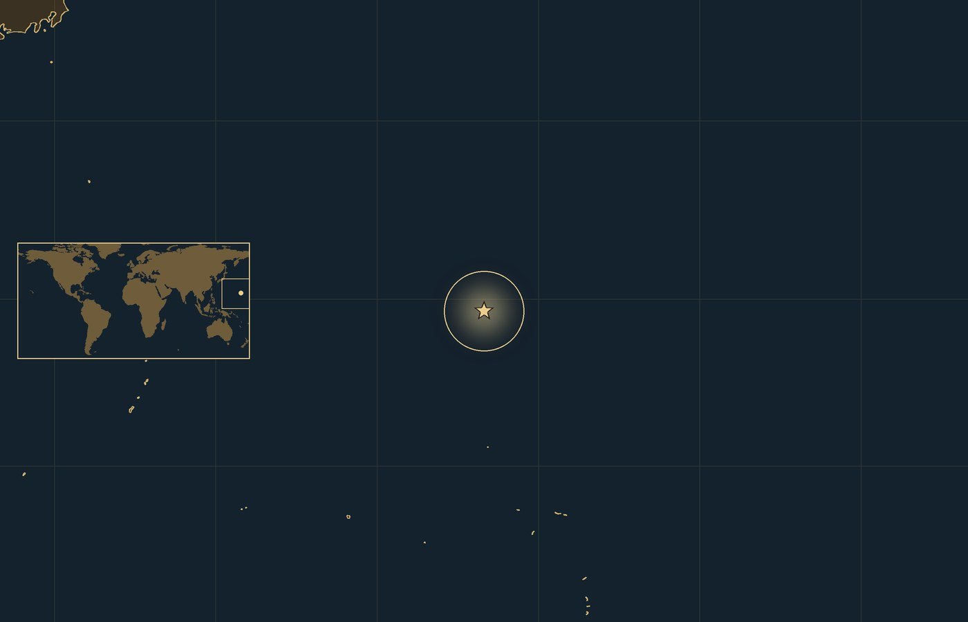 Dark locator map of the western and central Pacific with a gold star in a glowing circle marking Wake, the coast of Japan at top left, scattered island groups to the south and south-west, and a small world map inset at left with the area boxed