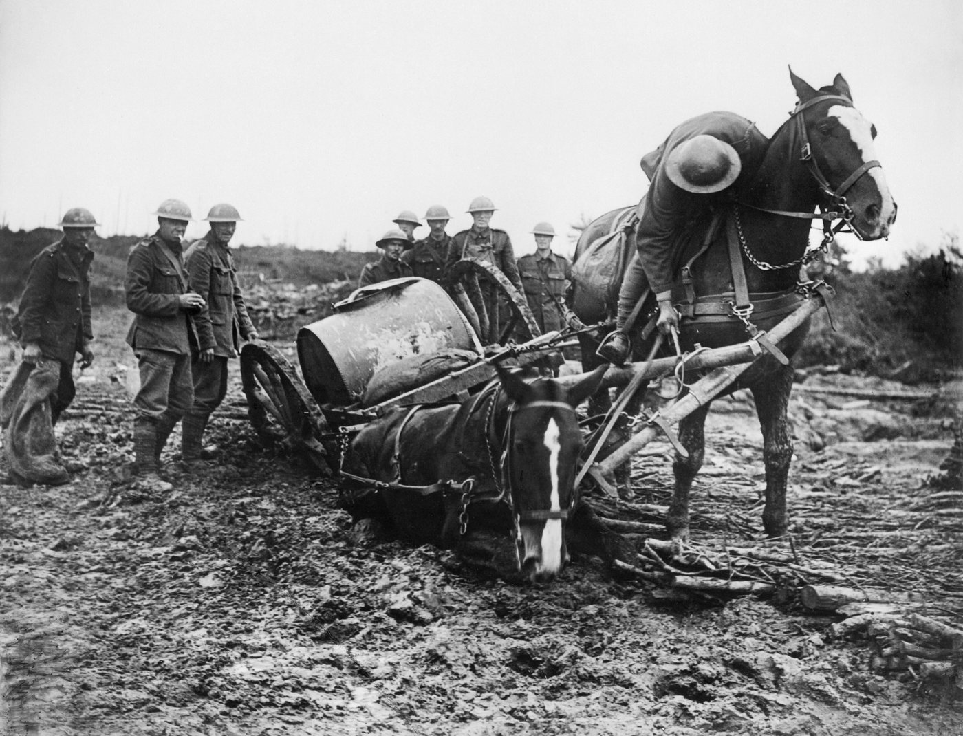 British soldiers watch two horses struggling with a water cart sunk in deep mud