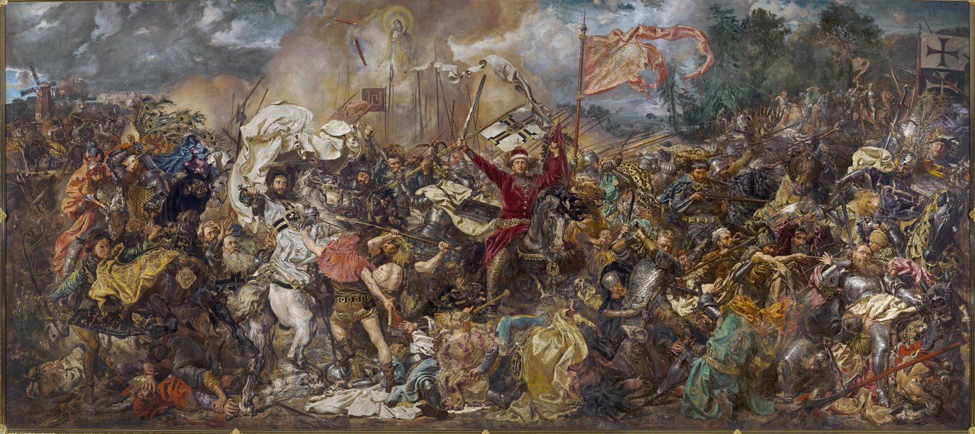 Crowded battle painting of knights and horsemen fighting under banners