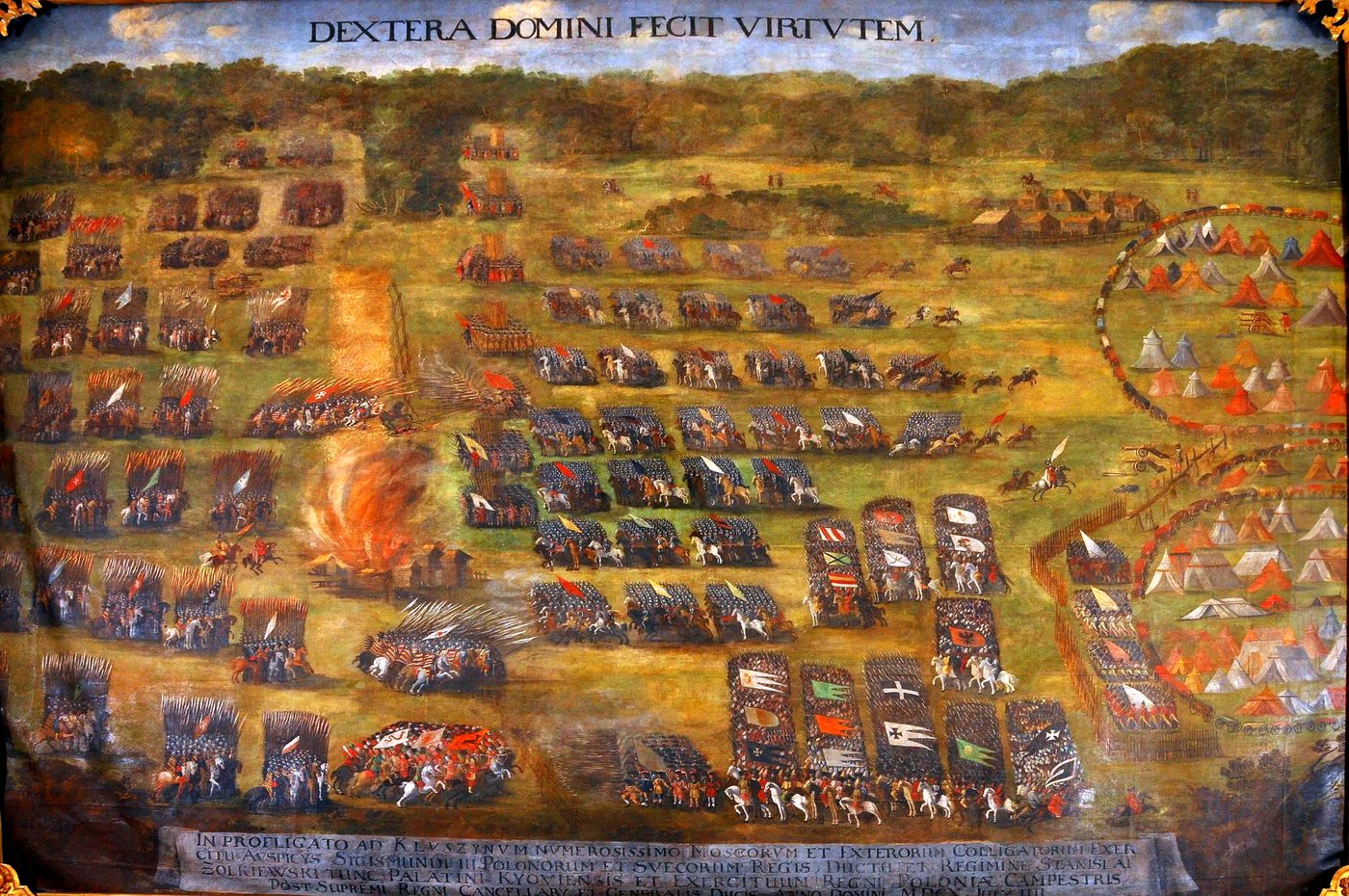 17th century painting showing ranks of cavalry and camps on a green plain from above
