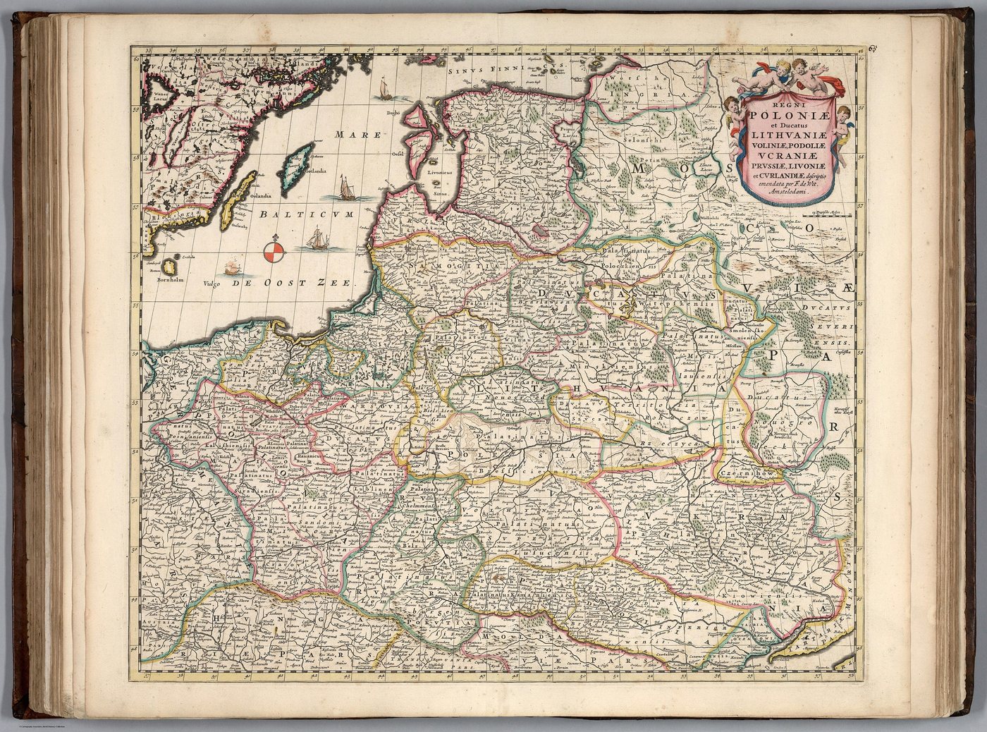 Hand coloured 17th century map of Poland and Lithuania in an open atlas