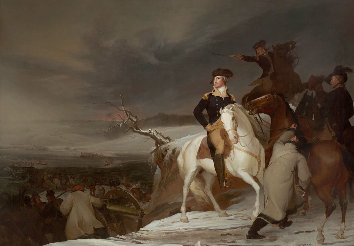 Painting of George Washington on a white horse on a snowy riverbank, officers on horseback beside him and soldiers hauling a cannon down to boats on a dark river