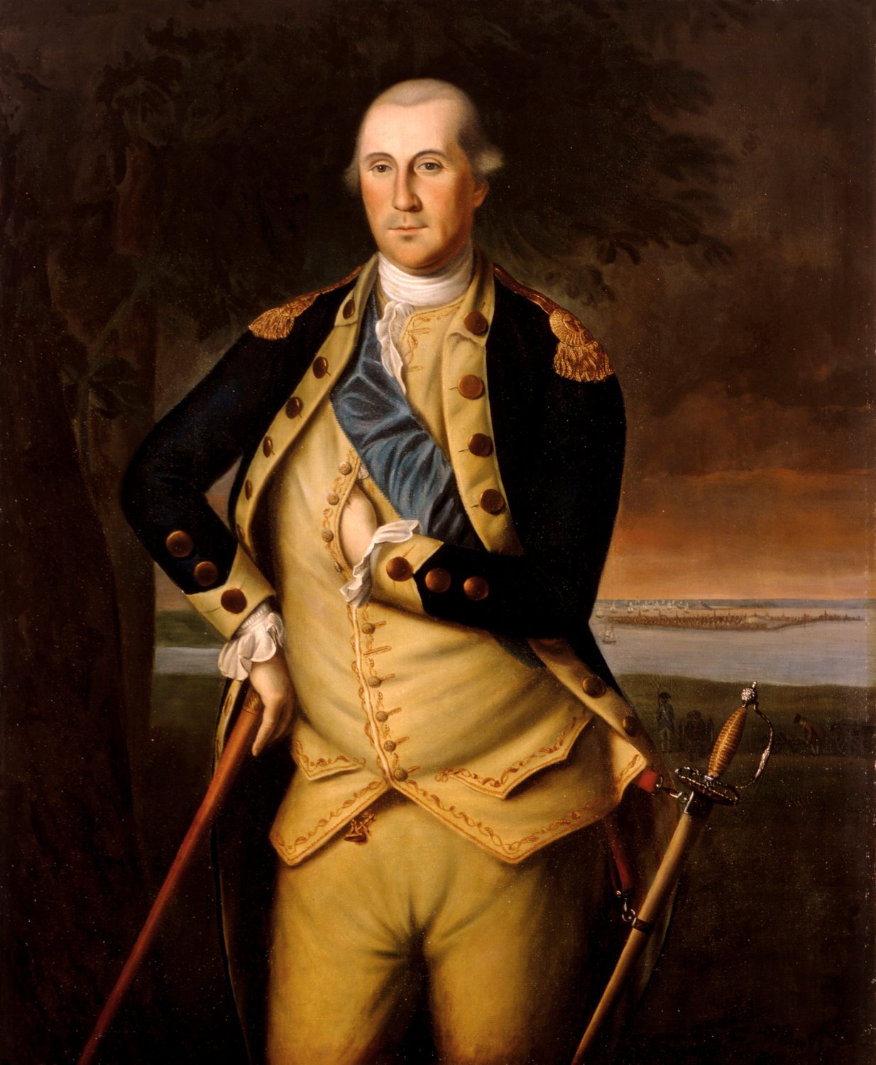 Portret George'a Washingtona w niebiesko-płowym mundurze, stojącego z laską