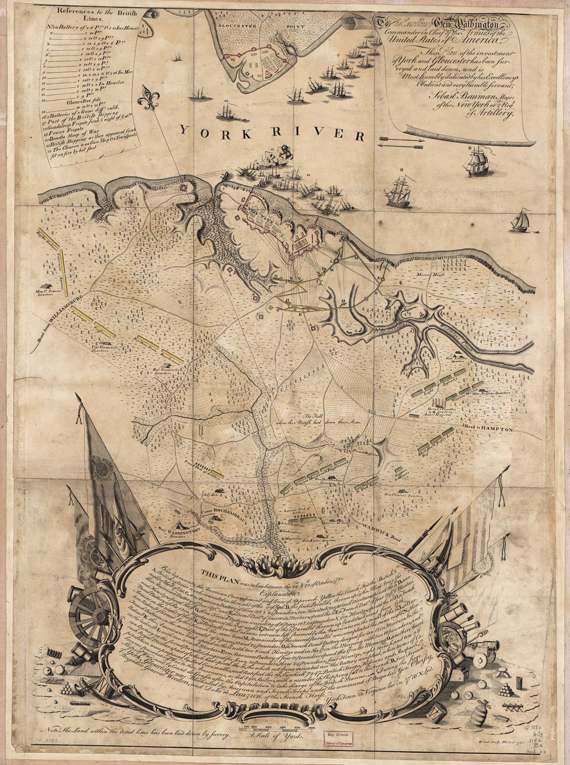 Ręcznie kolorowany XVIII-wieczny plan oblężenia Yorktown i Gloucesteru nad rzeką York