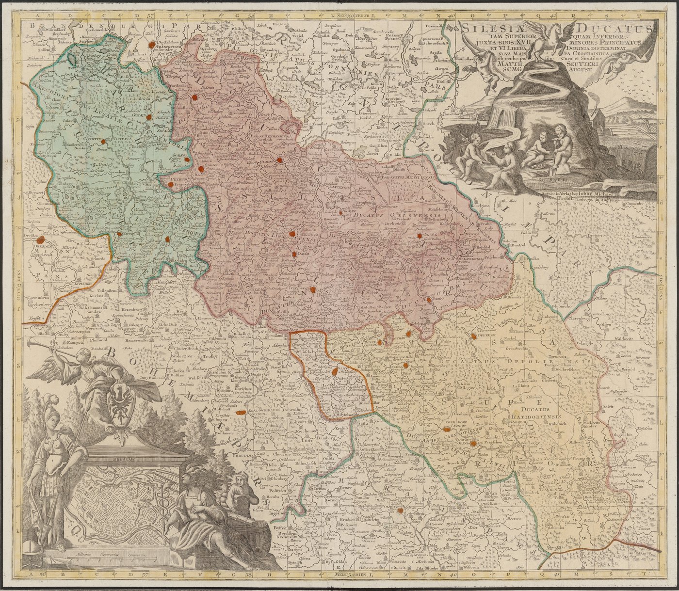 Ręcznie kolorowana sztychowana mapa księstwa śląskiego z księstwami cząstkowymi w kolorach różowym, zielonym i żółtym wzdłuż Odry, z Czechami i Morawami na południu, kartuszem tytułowym w prawym górnym rogu i planem Wrocławia w lewym dolnym.