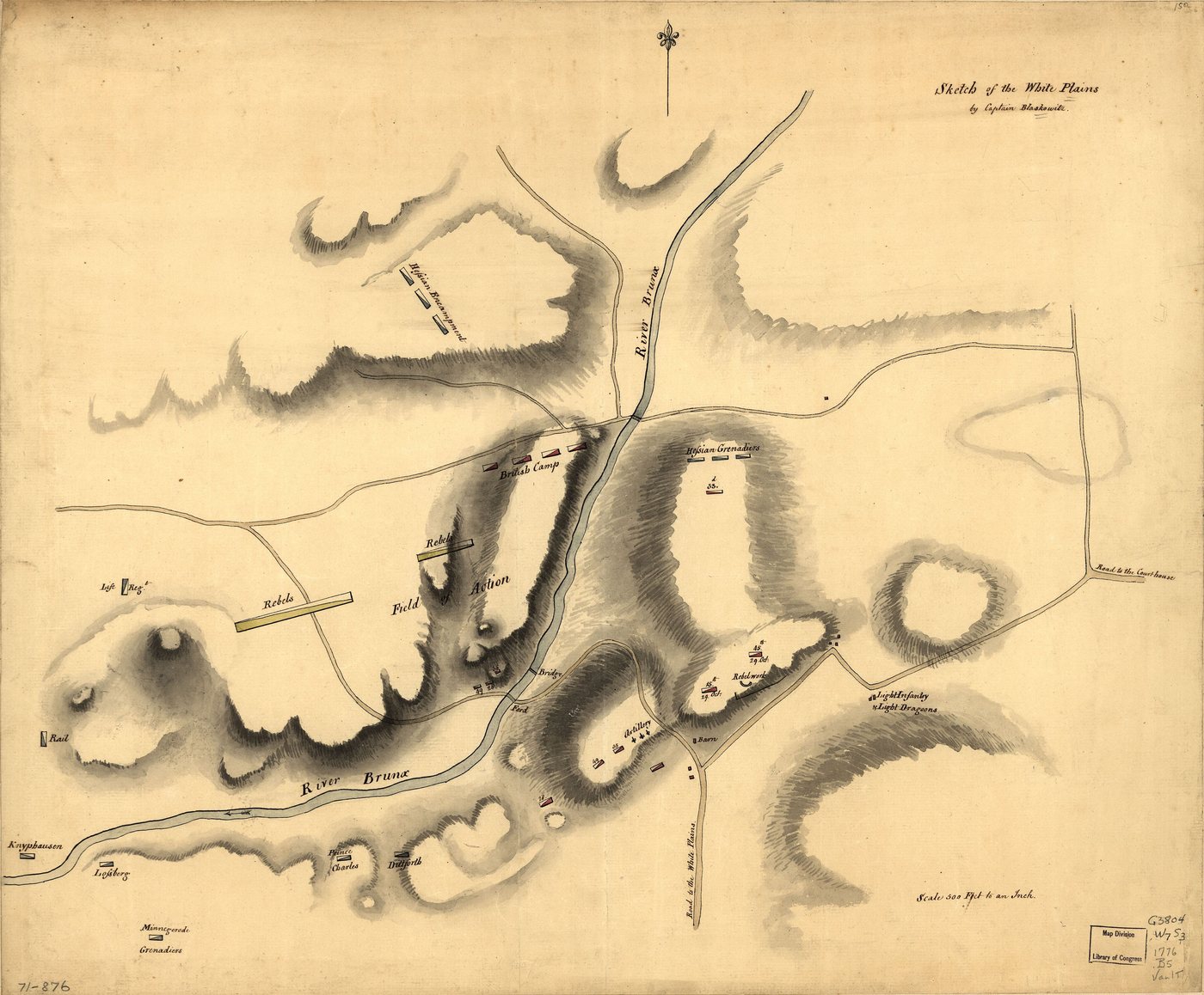 Ręcznie rysowana mapa z 1776 roku: wzgórza nad rzeką Bronx pod White Plains z pozycjami Brytyjczyków, Hesów i Amerykanów