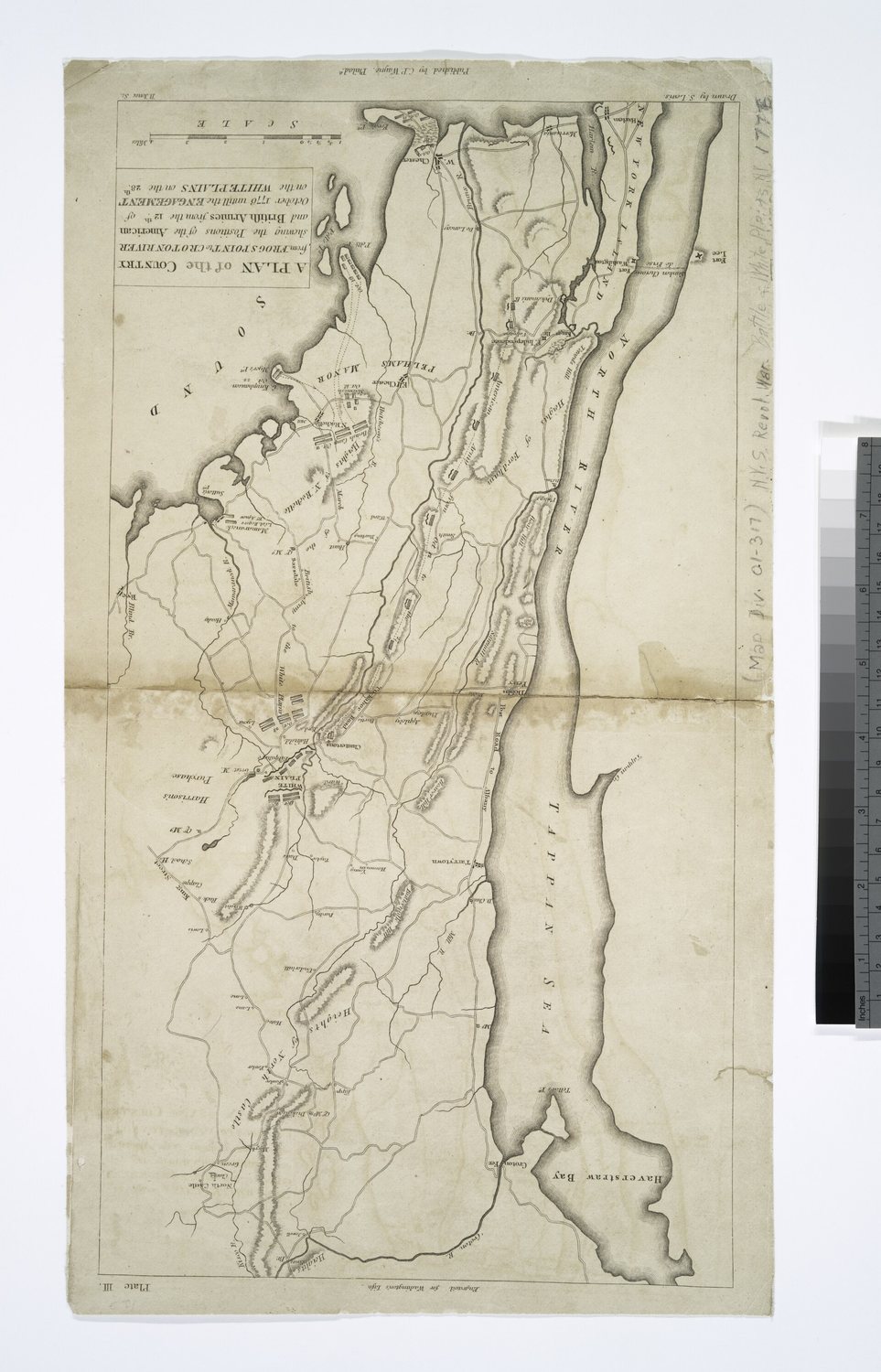 Rytowana mapa południowego Westchester z pozycjami wojsk między Throg's Neck a White Plains w październiku 1776 roku